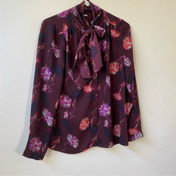 Halogen pink seventies retro tie front floral long sleeve button up blouse - Picture 1 of 8